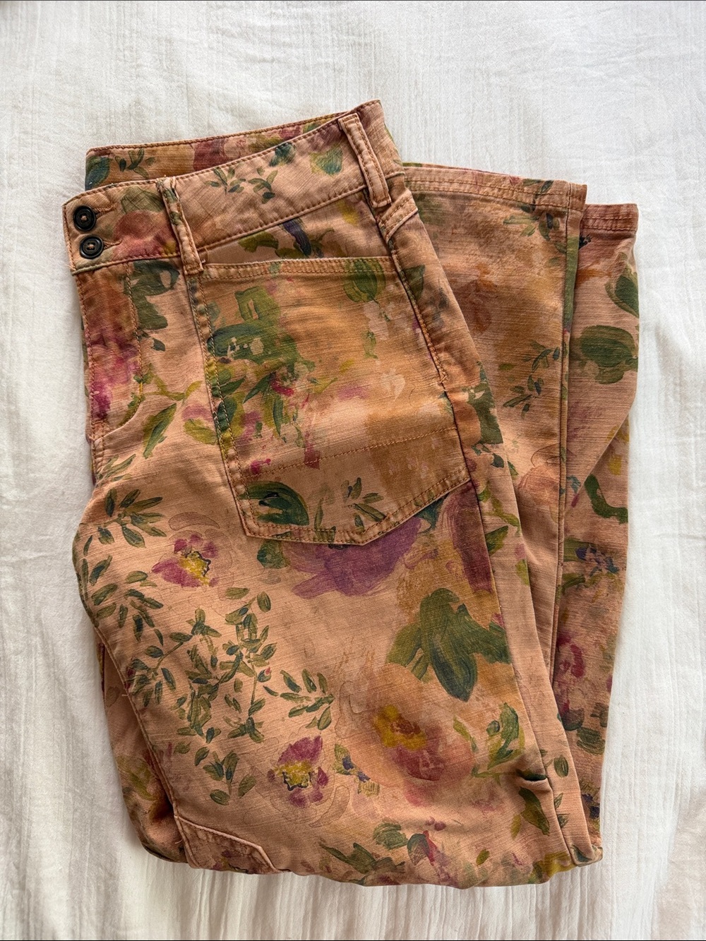 Anthropologie Floral Painted Cargo Pants - Peachy Tan with cargo style Accents